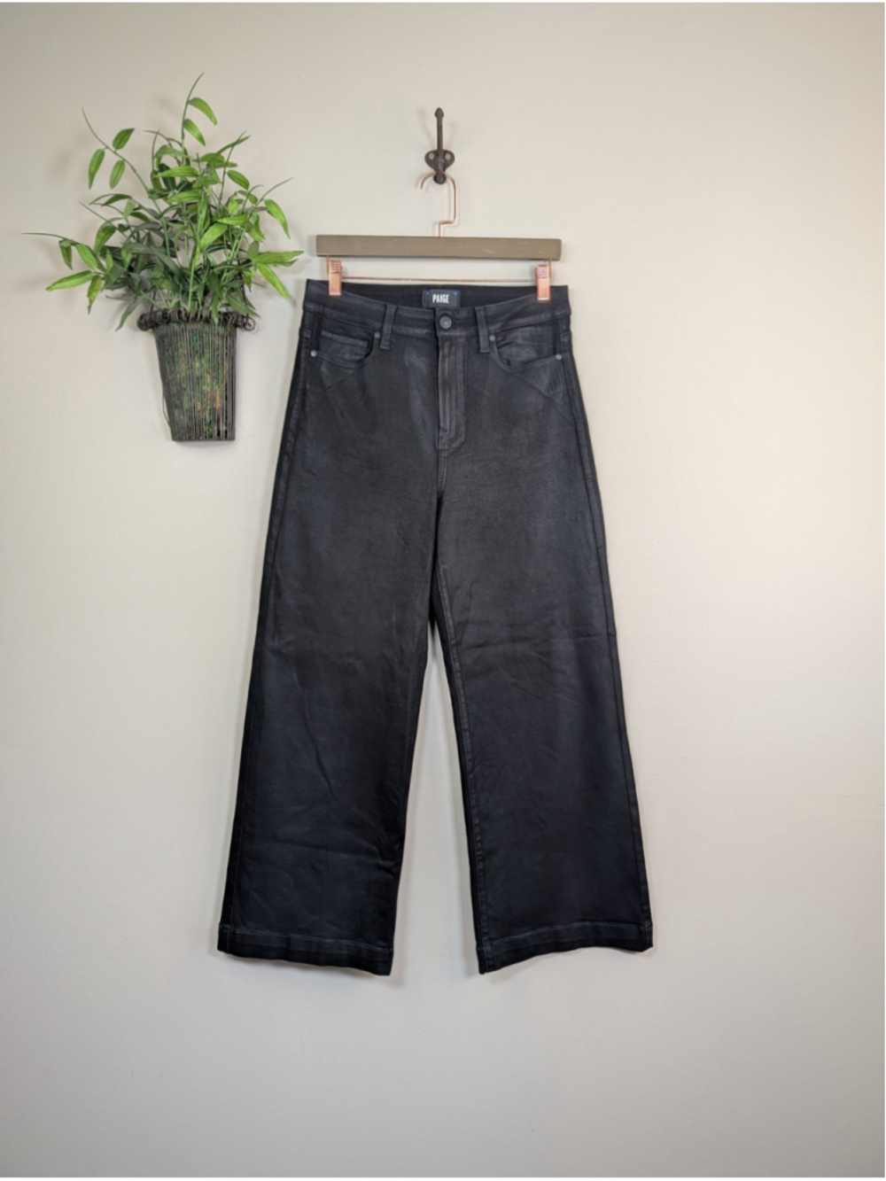 Paige Anessa High Rise Wide Leg Crop Jeans Luxe Coated Black Fog Shimmer Stretch